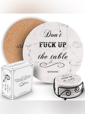 6 Funny Drink Coasters w/ Metal Holder House Warming Gifts
